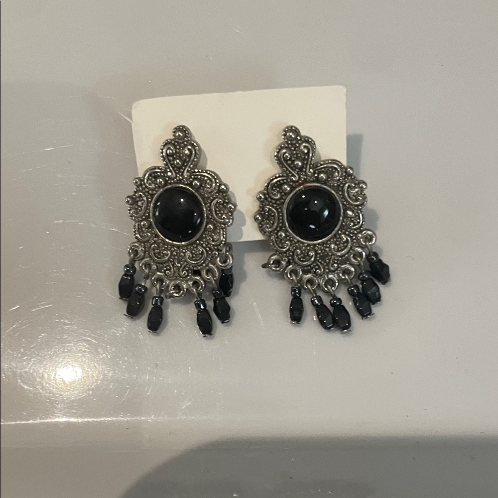 Black Beaded Antique-Style Drop Earrings
